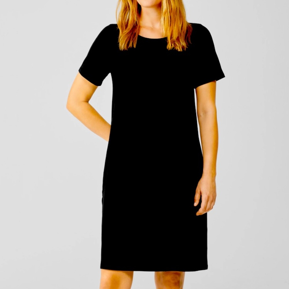 Eileen Fisher Black Jewel Neck Stretch Jersey Knit Dress Size L